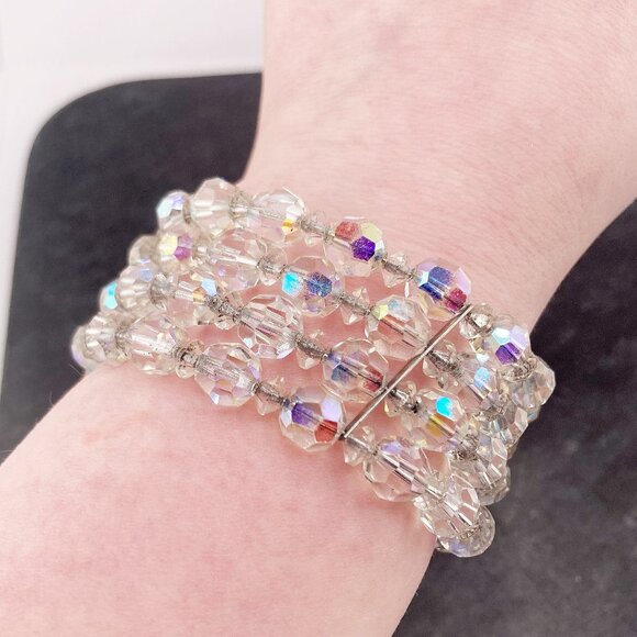 VINTAGE Four-strand clear AB beaded memory wire bracelet ~ 1950s 1960s jewelry - Picture 1 of 6